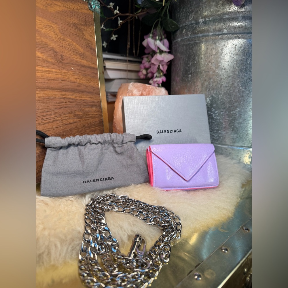 Balenciaga Lilac Calfskin Envelope Mini Wallet on Chain with Pink Interior